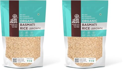 Image of Pure & Sure Organic Brown Basmati Rice 1Kg | 100% Naturally Processed & Unpolished Brown Chawal | Rich in Protein & Fiber | Helps to control Diabetes & Blood Pressure (Pack of 2)