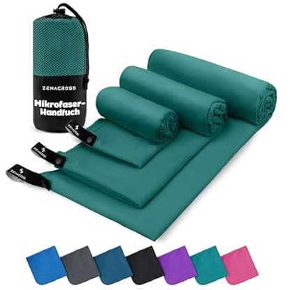 ZENACROSS Mikrofaser Handtuch 3er Set mit Transportbeutel - Schnelltrocknendes und vielseitiges Fitness Handtuch - Sporthandtuch Größen - XS, S, M - Petrolgrün
