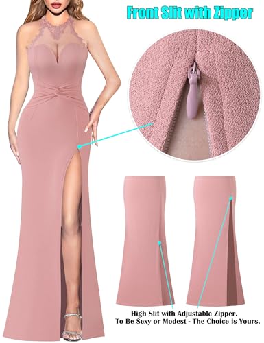 Image of VFSHOW Womens Formal Halter Keyhole Back Prom Gala Maxi Dress Evening Gown | Sexy Illusion Sweetheart Neck, High Slit, Wedding Guest, Applique, Twist Front Mermaid Dresses