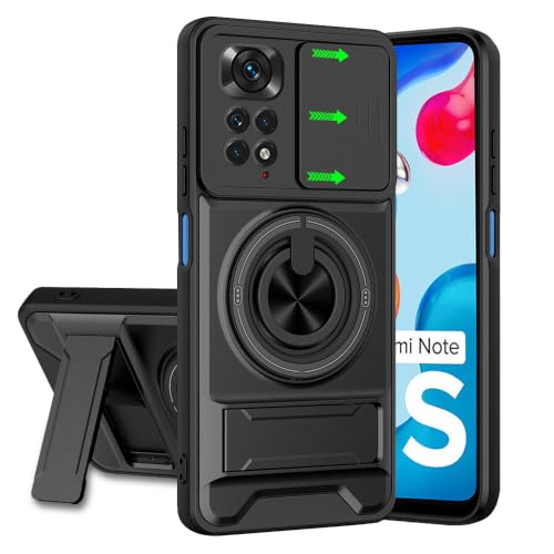 Image of Redmi Note 11 / 11s 4G Back Cover | Armor Camera Slider 360 Degree Rotating Finger Ring Holder Case with Bracket Stand Back Case Cover (Compatible with MagSafe Accessories) (Black)