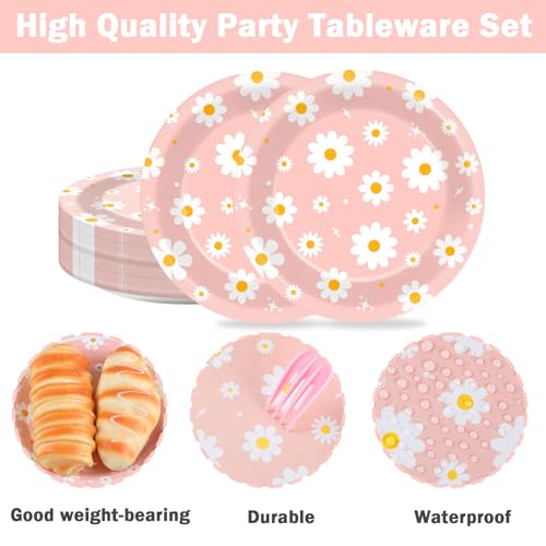 Image of Qyeahkj 48 PCS Daisy Paper Plates 7 Inch Daisy Flower Party Supplies Groovy Tableware Set Pink Groovy Boho Dessert Plates Decorations for Birthday Baby Shower Wedding Disposable Party Favors