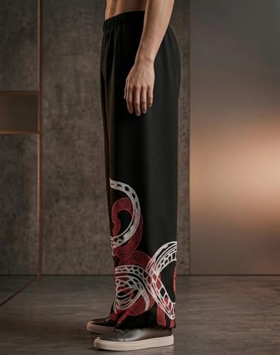 Image of Men's Black Wide Leg Trousers with Snake Print, Elastic Waist, Casual Style