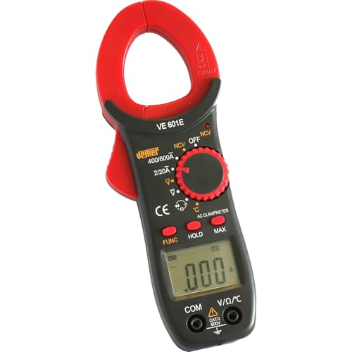 VEMER VE772400 VE 601E - Pinza Amperimétrica Digital con Multímetro para Electricistas, Medidor de Corriente AC, Voltaje AC/DC, Resistencia y Temperatura con Sonda K, Detección NCV, CAT II 600V