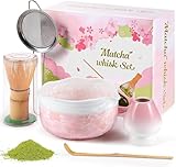 Matcha Set Rosa - Matcha Tee Set mit Schale (Kristallglasur), Besen & Halter - 5-teiliges Matcha Zubehör Set für Teezeremonie - Matcha Bowl & Bambusbesen - Japanisches Geschenkset für Frauen