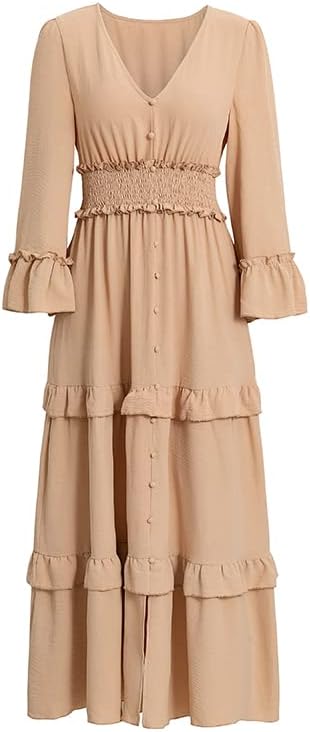 Vista 4 de Amegoya Vestido largo bohemio de manga larga con cuello en V para mujer, vestido largo de compromiso para invitadas de boda