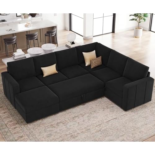 Belffin Modular Sectional Sleeper Sofa with Pull Out Couch, U Shaped Sleeper Pull Out Bed, Convertible Sectional Couches for Living Room, Black Sleeper Sofa 4 Black