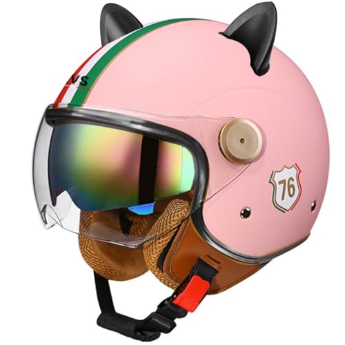 Casco Adulto Moto Cara Abierta con Orejas de Gato Mujer Hombre Scooter 3/4 Medio Cascos Doble Espejo Parasol Pantalla Solar Seguridad Forro Desmontable Certificación Dot Rosa L