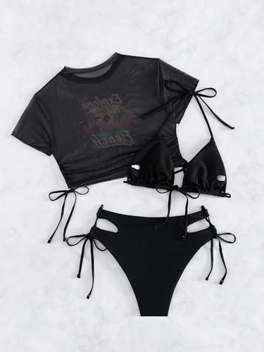 GORGLITTER Women's 3 Piece Halter Triangle Tie Side Bikini Swimsuit with Tropical Graphic Cover Up Set2