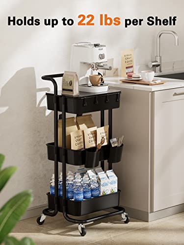 Pipishell 3 Tier Rolling Cart With Table Top, Utility Cart With Wheels, 2 Hanging Cups & 4 Hooks, Rolling Storage Cart For Home Storage And Organization, Black, Piuc09B #TOP2