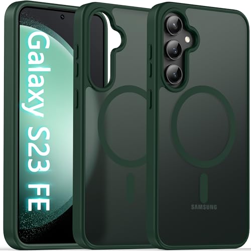 Image of Oterkin Magnetic for Samsung Galaxy S23 Fe Case Matte, S23 Fe Phone Case Compatible with MagSafe Frosted Translucent Shockproof Anti-Scratch Slim Fit Case Military Grade Protection (Dark Green)