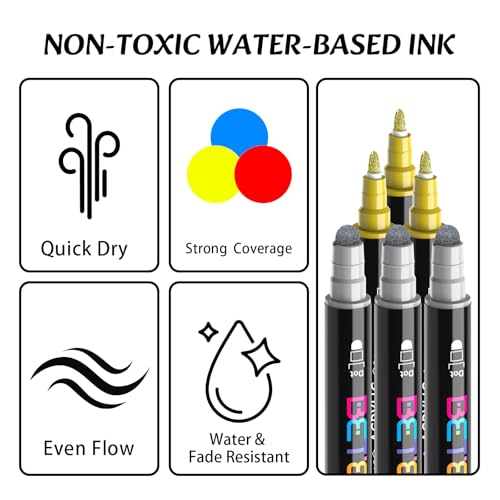 Image of Betem 6 Gold&Silver Dual Tip Acrylic Paint Markers, Fabric Decorating Kits Premium Water-Based Acrylic Paint Pens Art Supplies for Fabric, Rock, Wood, Glass, Canvas, Ceramic, Teacher Appreciation Gift