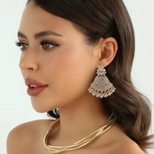 Image of Premium Oxidized Gold Chunky Jhumki Earrings for Women - Heavy Statement Jhumka with Long Chain & Ghungroo Drops | Anti-Tarnish Hypoallergenic Mirror Finish | Bridal, Navratri, Garba, Diwali