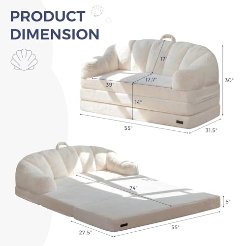 Image of MAXYOYO Folding Sofa Bed, 2 in 1 Convertible Sofa to Lounger Comfy Loveseat Bean Bag Chair for Adults, Floor Couch with Handle, Faux Fur Couch Bed for Living Room Bedroom, Beige, Loveseat