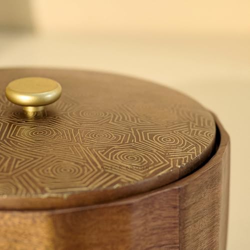 Image of Brick Brown Anant Wooden Roti Box with Lid | Solid Wood Chapati Box for Kitchen & Dining | Designer Roti Casserole & Roti Hot Pot Case | Faceted Roti Dabba Server | Storage Container (8x8x4 Inch)