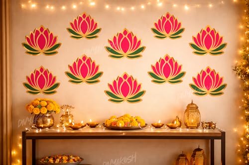 Image of Divyakosh Green-Pink Lotus Wall Stickers for Wall Decor (12 Pieces, 3x3.5 Inch) | Mandap, Temple Decor, Puja Backdrop Decoration| Peel & Stick Lotus Stickers for Home & Festive