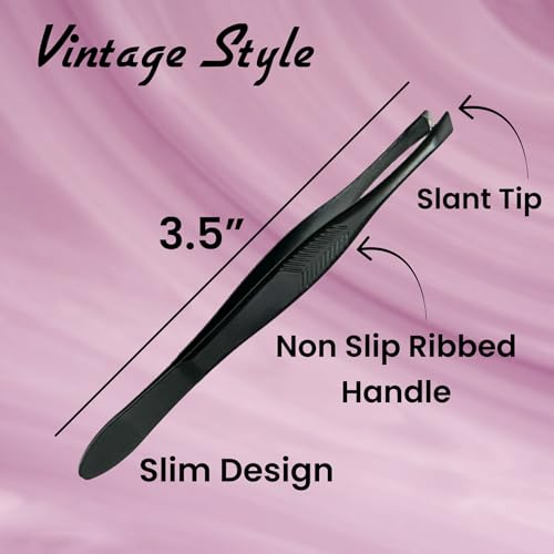 3-Vintage-Style-Slant-Tip-Ribbed-Professional-Stainless-Steel-Tweezers-for-Eyebrows-Premium-Precision-for-Facial-Hair-Splinter-Ingrown-Hair-Removal-Black