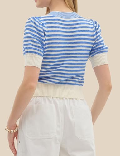 Image of InterNos Womens Bow Front Short Sleeves Sweater Classic Striped V Neck Cropped Knit Pullover Tops