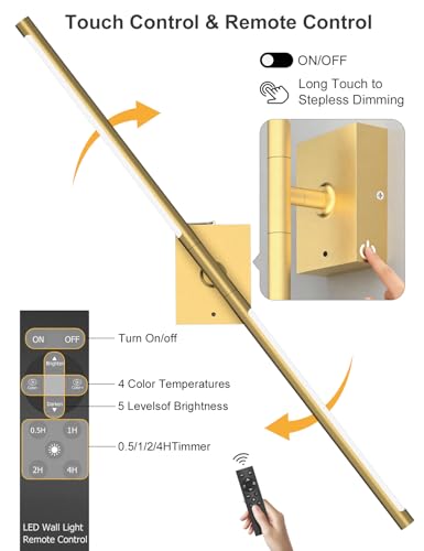 Image of Battery Operated Wall Sconces Set of 2: 10000mAh Rechargeable Wall Lights with Remote, 360 Rotate 3000K-6000K LED Wireless Wall Light Fixtures Decor for Bedroom Living Room Hallway Picture Lighting