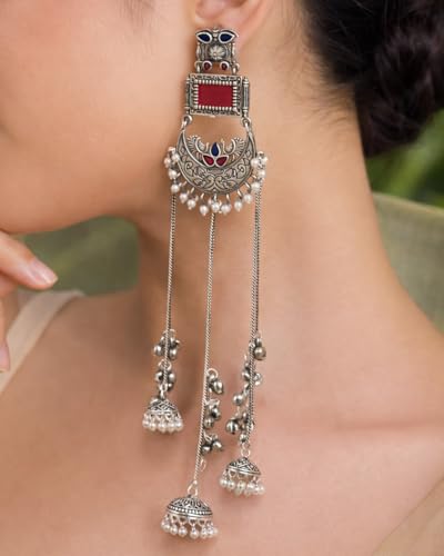 Image of Kashmiri Earrings for Women |Square Stone Fan Chain Earring | Ethnic Oxidised Silver Long Chain for Girls Bridal Festive |Gift for Girls Women