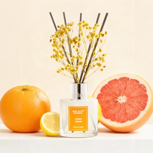 Image of Airkeep Reed Diffuser Set,3.38 fl oz (100 ml) - Citrus Lemon Oil Diffusers with 8 Reed Sticks, Home Fragrance Reed Diffuser for Bathroom Shelf Decor