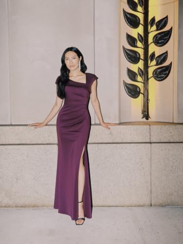 Image of Xscape Women's Long Bodycon Formal Evening Gown with Cap Sleeves, Asymmetrical Neckline, Ruched Bodice and Front Slit