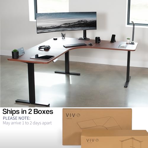 Image of VIVO Electric Height Adjustable 71 x 71 inch Curved Corner Stand Up Desk, Dark Walnut Table Top, Black Frame, Memory Controller, L-Shaped Workstation, E3C Series, DESK-KIT-E3CBD