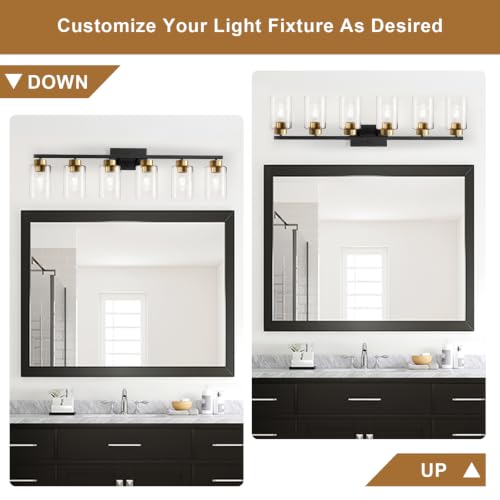 Image of IZORRO Bathroom Light Fixtures, Modern Vanity Lights, Bathroom Lighting Fixtures Over Mirror with Clear Glass Shade, Wall Sconce for Living Room Cabinet Bedroom (Black and Gold, 6-Light)