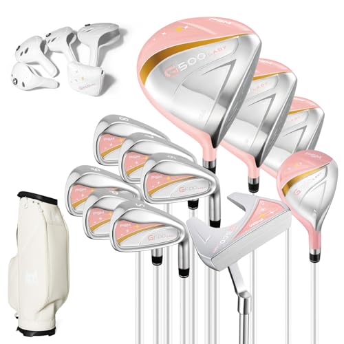 PGM 17 Piece Womens Golf Clubs Full Set for Right Handed with Driver Woods Hybrid Irons Wedges Putter Complete Golf Set for Beginner to Intermediate Golfers with Headcovers and Club Bag Coral Pink