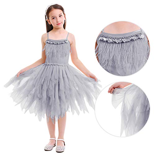 OBEEII Little Girl Swan Princess Feather Fringes Tutu Dress Pageant Party Wedding Dance Formal Photo Prop Short Tiered Gown4
