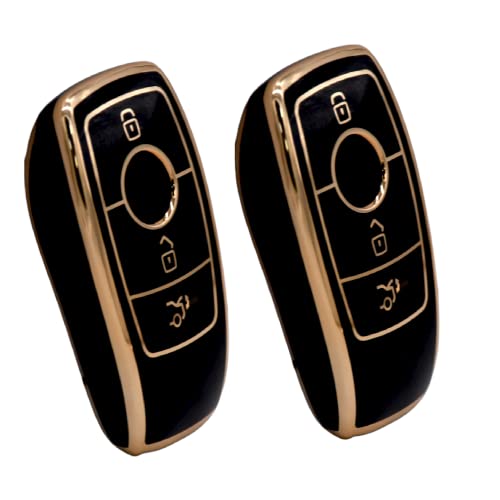 Image of KMH TPU Gold Car Smart Key Cover Compatible for Mercedes Benz E Series and S Series 3 Push Button Smart Key Shell Case Holder, Key Protector (Black with Gold) Pack of 2