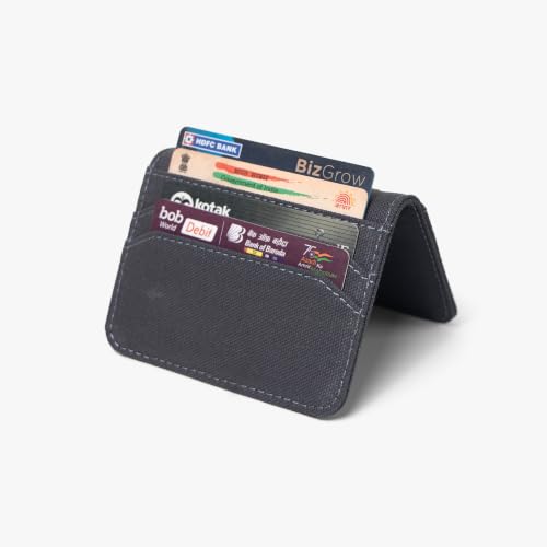 Image of Bellblock Mini Sleeve Canvas Card Holder for Men /Women | Slim Handcrafted Bifold Card Wallet | Holds Upto 7 Credit /Debit /ATM Cards & Folded Cash | Grey
