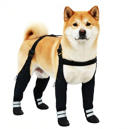 Dog Suspender Boots for Large Dogs Waterproof & Non-Slip Dog Paw Protectors with Adjustable Straps & Reflective Strips All-in-One Connected Dog Boots for Outdoor Walks Snow Rain Hiking (L)