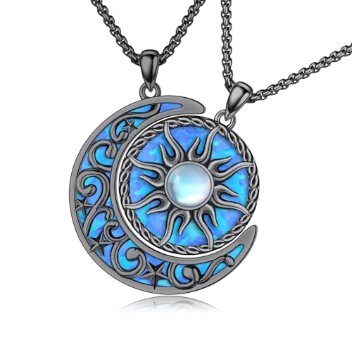 REDSUN 925 Sterling Silber Yin-Yang Halskette mit Sonne & Mond Anhänger Keltisches Kette Partnerkette mit blauem Opal Schwarz Schmuck Geschenke für Paare Damen Partner Paar Sie und Ihn Valentinstag