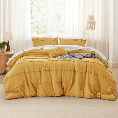 Image of Bedsure Queen Comforter Set - 4 Pieces Pinch Pleat Bed Set, Mustard Yellow Boho Bedding for All Season, 1 Soft Comforter, 2 Pillowcases, 1 Decorative Pillow