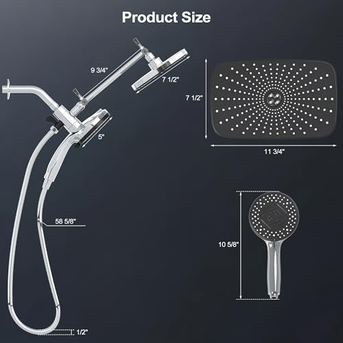 Regadera de lluvia cromada con mano libre: regadera superior rectangular de alta presión 12x7.5 pulgadas y regadera manual de 5 pulgadas, boquillas de silicona antiobstrucción, barra ajustable de altura miniatura 2