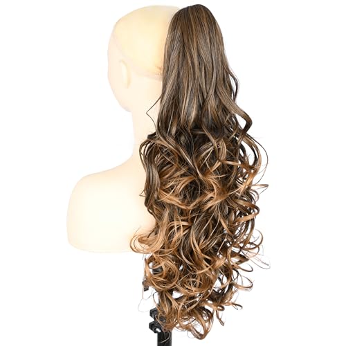 BOBIYA 24 Inches Claw Clip in Loose Curly Synthetic Wrap Around Ponytail Extensions Pony Tail Clip In Extensions (Dark Brown to Medium Brown) - Image 3