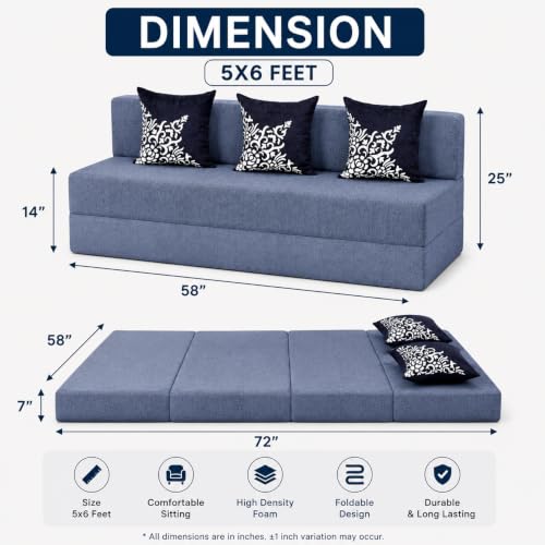 Image of Three Seater Sofa Cum Bed 5x6 Ft with Soft Foam Cushioning, Comfortable Foldable Sofa Bed for Living Room, Bedroom, Guest Room & Office(Slate Blue)