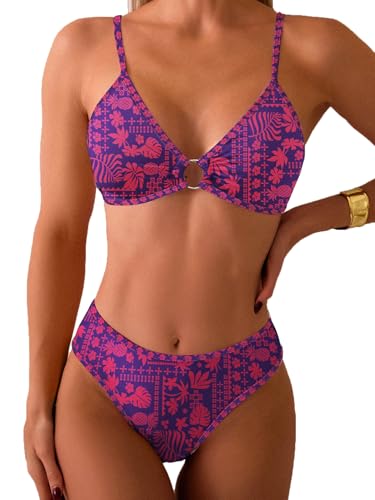 Image of Fanuerg Women's Triangle Bikini Sets O Ring Linked Two Piece Swimsuits Floral Printed Cheeky Bathing Suit