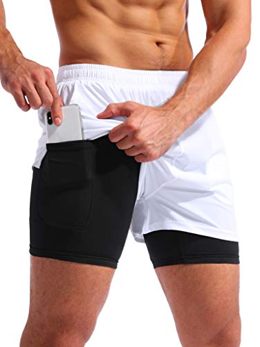 Image of Pudolla Men's 2 in 1 Running Shorts 5 inch Quick Dry Gym Athletic Workout Shorts for Men with Phone Pockets