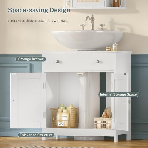 Image of TEENFON Pedestal Sink Storage Cabinet with 2 Doors and Drawer, Bathroom Sink Cabinet, Under Sink Storage with U-Shape Cut-Out, White