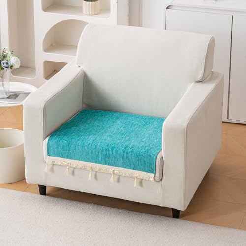 Image of HOKIPO 'Serenity Tassel' Chenille 1 Seater Sofa Cover with Tassel - Ocean Teal (IN-890-SBL)