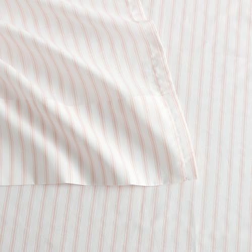 Image of Martha Stewart - Twin XL Size Sheet Set, Breathable Cotton Percale Bedding with Matching Pillowcase, Fully Elastic Fitted Sheet, Deep Pocket, Crisp & Cooling All-Season Comfort (Ticking Stripe Pink)