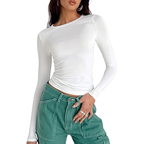 Women's Long Sleeve Slim Fit Tops Y2K Vintage Harajuku Tee Shirts Hollow Out Crop Top (#0 White,S) Cover