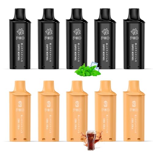 電子タバコ べイプ ポッドカートリッジ 交換用ポッド 10個付き 80,000回吸引可能 爆煙 使い捨てカートリッジ リキッド充填不要 持ち運び シーシャvape 水蒸気タバコ ニコチンなし タールなし 禁煙 ストロングメンソール*5+クールコーラ*5 X