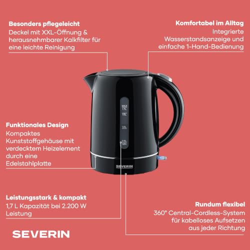 SEVERIN Wasserkocher, 1,7 L, kompakt, schwarz und leistungsstark, Kalkfilter, Kunststoff, 2.200 W, WK 4322 – Ansicht 3