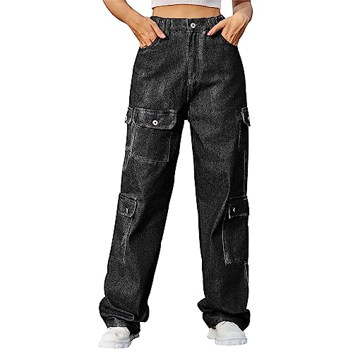 Womens Cargo Jeans with Multi-Pocket Fashion Wide Leg Loose Fit Teen Girls Y2K Going Out Jeans Casual Work Denim Pants