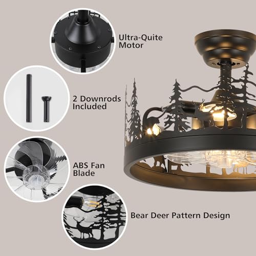 Farmhouse Rustic Ceiling Fan with Light and Remote, Black Chandelier Fan with Bear and Deer Design, Adjustable Height, Rustic Chandeliers for Living Room, Bedroom, Hallway, Entryway Lighting - Image 4