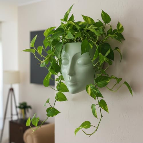 Image of Ceramic Lady Face Wall Hanging Planter (7 Inches, Green) | Abstract Face Vase for Indoor Plants | Succulent Planter for Living Room, Balcony & Office Decor | Aesthetic Home Decor Gift