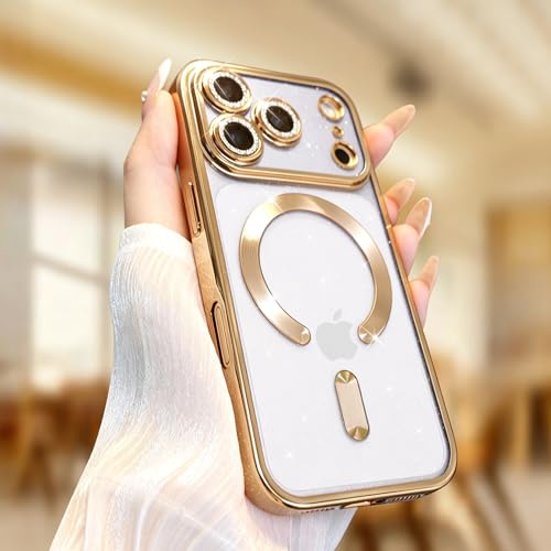 Image of Misscase for iPhone 17 Pro Case with Privacy Screen Protector, Built-in Lens Protector, Compatible with MagSafe, Anti-Yellowing Shockproof TPU, Bling Glitter Electroplated Cover 6.3 inch Gold