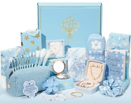 Valentines Day Gifts for Tween & Teen Girls - 8 PCS Birthday Gift Basket Teenage Girl Gifts Trendy Stuff w/ Fun Task Tags Makeup Brushes & Bag, Empower Positive Wrapped Gift Box for Daughter Niece